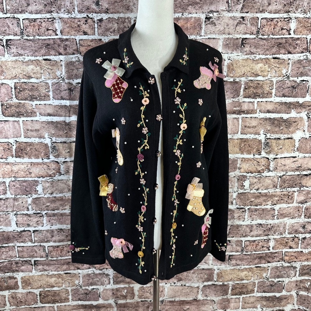 Victoria Jones Black Christmas Stocking Applique Cardigan Sweater Womens M